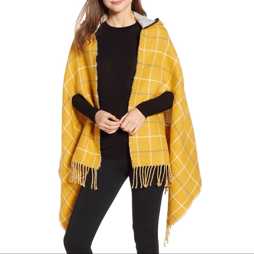 TROUVÉ Reversible Hooded Plaid Cape Shawl